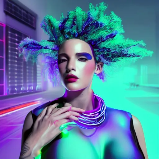 Prompt: 4k, hyper realistic depiction of the beauty of artificial intelligence in the flesh, a beautiful shadow being, non binary, curvy, sexy, provocative, androgynous in front of a highly detailed background that is a cross between solar Punk, vapor is wave and technicolor, glowing wires and a glowing nervous system