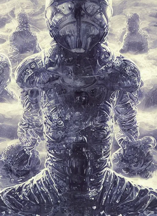 Image similar to astronauts in the dark infinite underwater void - complex and hyperdetailed technical suit, fabric material. reflection and dispersion materials. rays and dispersion of light. volumetric light. wide angle, f / 3 2. noise film photo. flash photography. ultra realistic, wide angle. poster by wayne barlowe, hajime sorayama aaron horkey, craig mullins