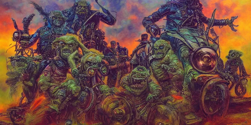 Image similar to psychedelic post apocalyptic orcish biker gang, sharp focus, psychedelic colors, boris vallejo, michael whelan, 8 k, epic scifi fantasy art