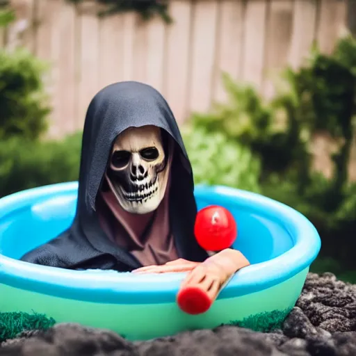 Image similar to grim reaper lying inside a kiddie pool, very detailed, very realistic, photograph, photoshoot, 5 0 mm, canon, nikon, zeiss lens, editorial, perfect composition, perfect lighting, 4 k