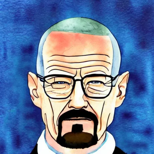 Image similar to a watercolor style paintin of walter white, blue background.