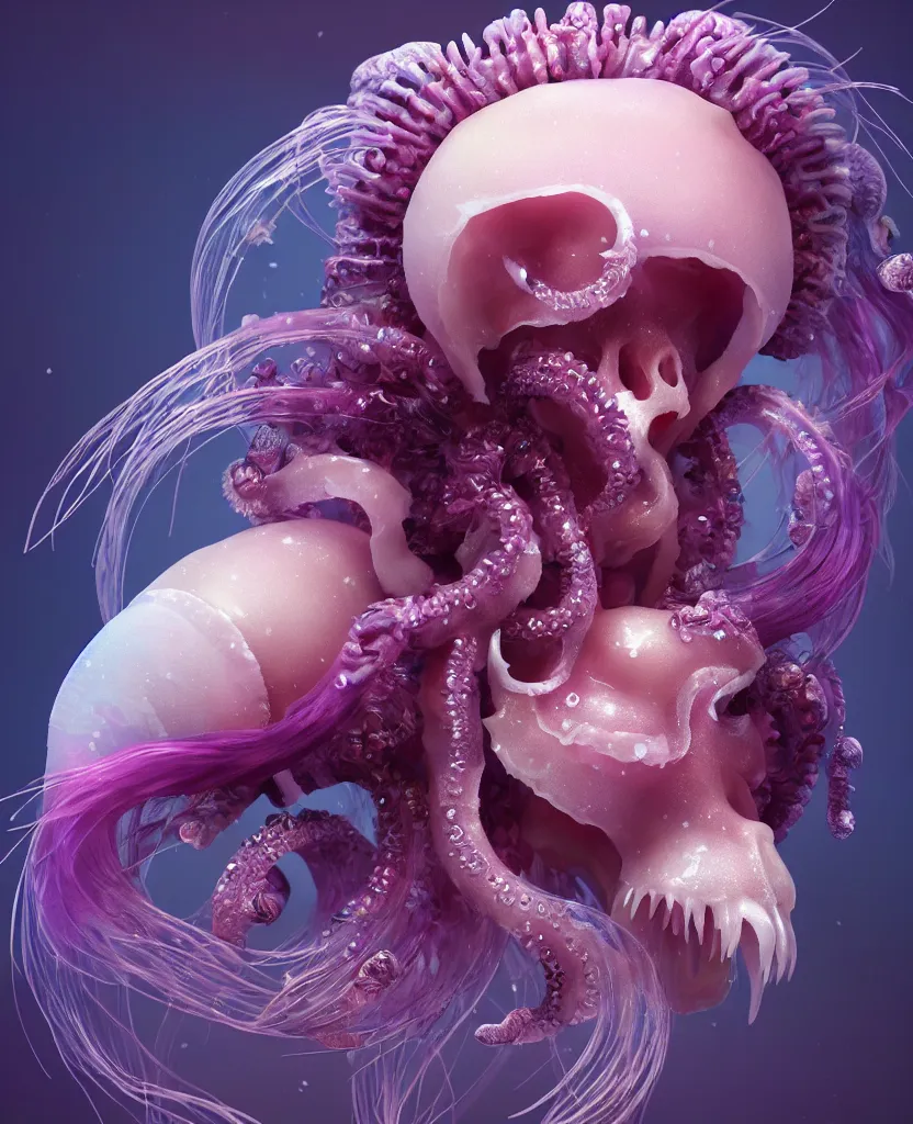 Image similar to goddess princess beautiful face close-up portrait ram skull fluffy toy. jellyfish phoenix head, nautilus, orchid, skull, betta fish, bioluminiscent creatures, intricate artwork by Tooth Wu and wlop and beeple. octane render, trending on artstation, greg rutkowski very coherent symmetrical artwork. cinematic, hyper realism, high detail, octane render, 8k