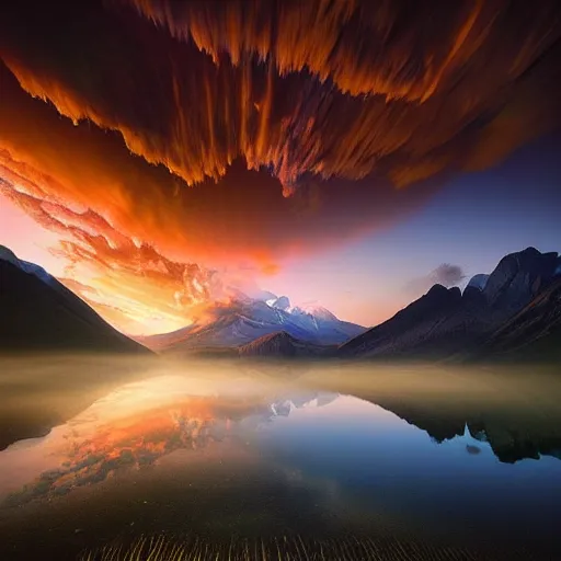 Prompt: landscape photography by marc adamus, space ship, ufo, lake, sunrise, dramatic lighting, mountains, clouds, beautiful
