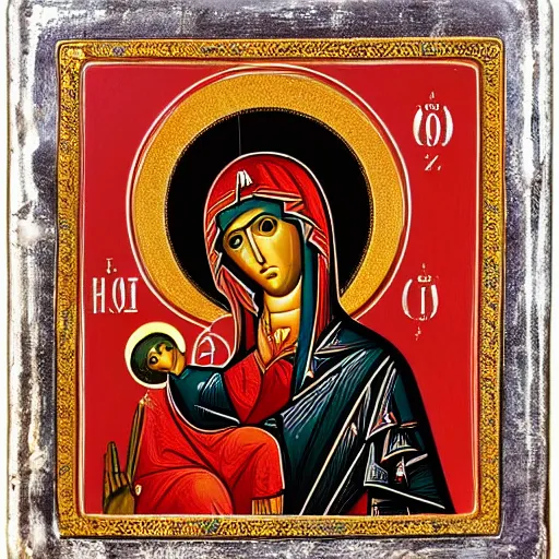 Image similar to red and silver icon of the Theotokos