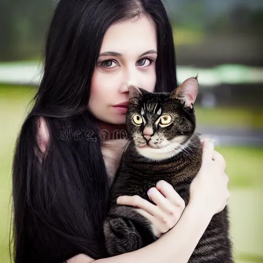 Image similar to a woman with long dark hair, big shiny dark eyes holding a cat in her arms, a stock photo by juan villafuerte and minerva j. chapman, pexels contest winner, high quality photo, rtx, hd, tumblr contest winner, anime, pretty, shiny eyes, sensual