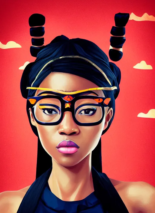 Prompt: attractive female portrait of african ninja, with glasses on, cloud background, war paint on face, rule of thirds, uplight, intricate, symmetrical!!, anime, prism highlights, depth of field, cinematic, filmic, vsco, concept art, artstation, digital painting, elegant, epic, focus