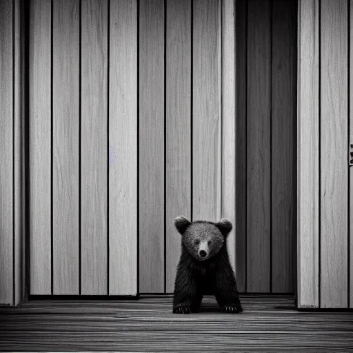 Prompt: dark photograph of a small bear mascot walking through a large wooden doorway