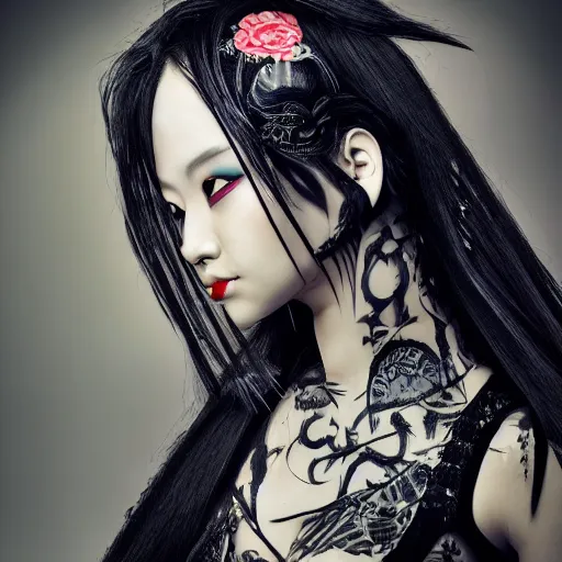 Image similar to japanese gothic model with maximalist hair style and kanji tattoos, dark colors, fashion model, portrait shot, depth of field, 8 k, hyper detailed, intricate, trending on artstation