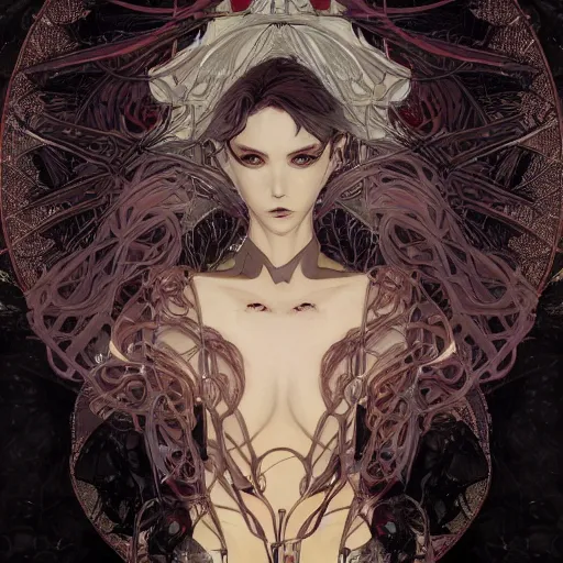 Image similar to detailed portrait dark girl of cyberpunk wizard, wizard magic staff, elite, elegant, concept art, intricate complexity, by shigenori soejima, krenz cushart, alphonse mucha, takato yamamoto, rule of thirds, 4 k, beautiful, cinematic dramatic atmosphere