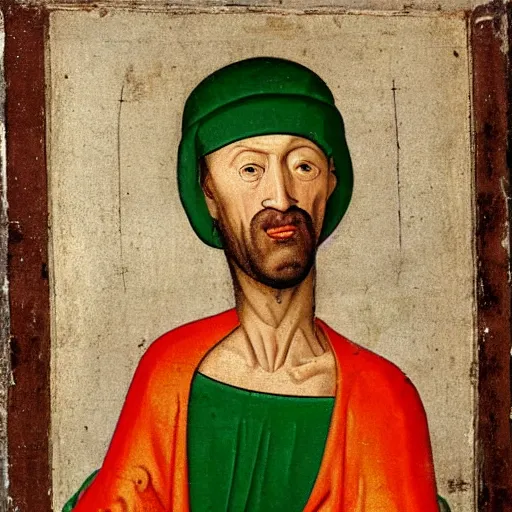 Prompt: skinny man with ugly deformed face wearing bright green cap and bodysuit, medieval painting