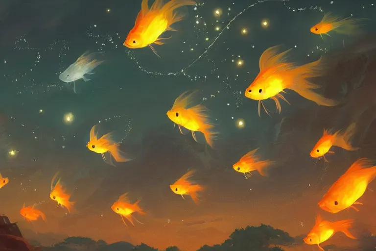 Prompt: fantasy art of glowing goldfish swimming in the air, in a japanese town at night, by makoto shinkai, highly detailed digital art, trending on artstation