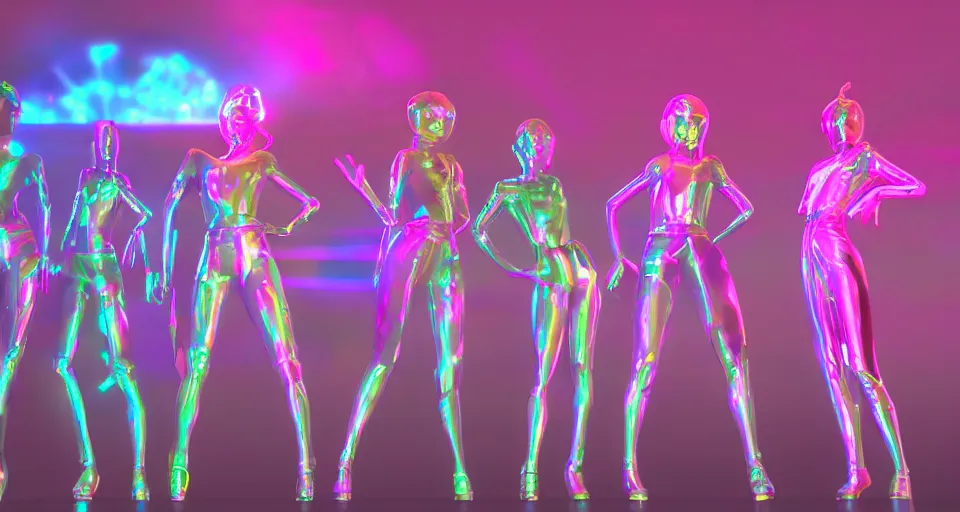 Prompt: silhouettes of dancing holographic girls, futuristic, in the style of Pixar animation, very low angle view, 16mm lens, award winning, hyper detailed, dramatic lighting, artstation, octane renderer, unreal engine