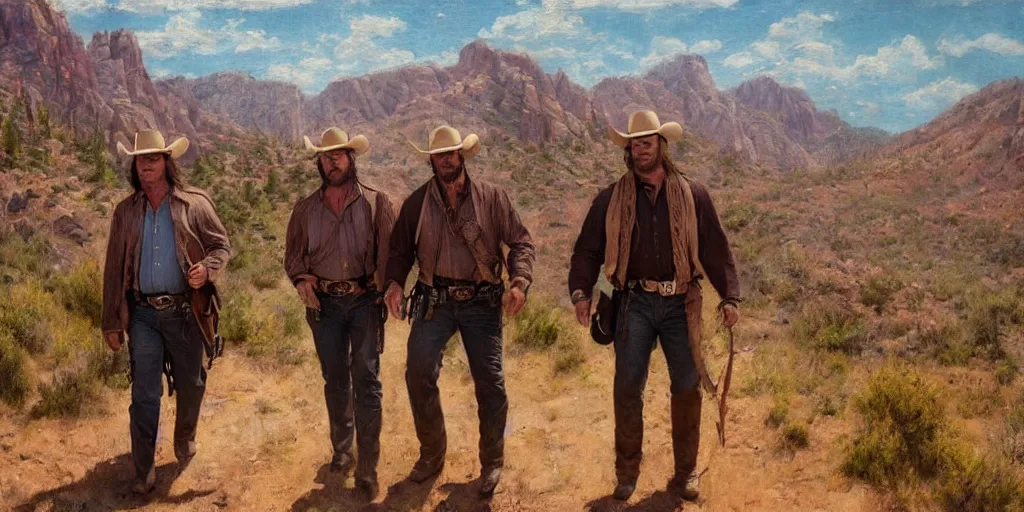 Prompt: (two men) cowboys Kurt Russel and Dave Bautista on the old west mountain trail, in the style of an oil painting