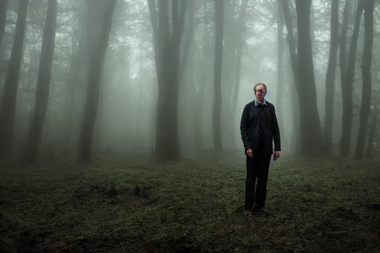 Image similar to a cinematic headshot portrait of a male scientist, in a spooky forest, fog, portrait, portrait, portrait, shrubbery, 8 k, detailed, backlight, deep focus, movie still, moody lighting, by werner herzog