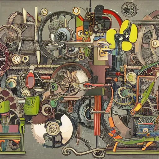 Prompt: a chaotic scene of many pairs of scissors and a crazy machine with lots of details and contraptions. the illustration is very detailed and intricate, with a lot of small elements that come together to create a cohesive whole. it uses a limited palette of colors, which helps to create a cohesive and unified look.