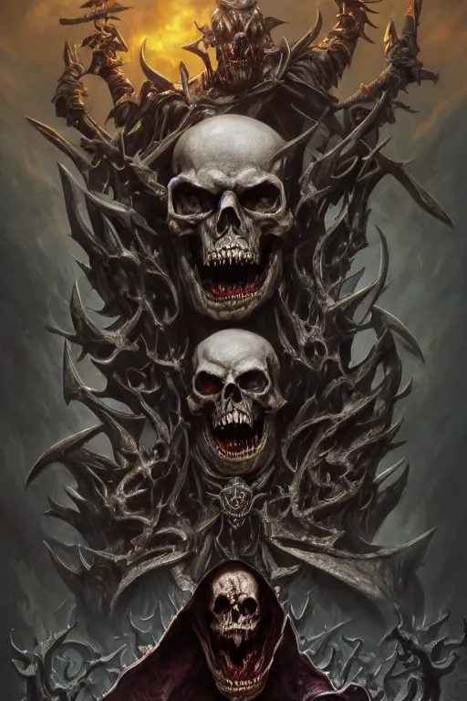 Image similar to death lord stand on skulls, highly detailed, d & d, fantasy, highly detailed, digital painting, trending on artstation, concept art, sharp focus, illustration, global illumination, ray tracing, realistic shaded, art by artgerm and greg rutkowski and fuji choko and viktoria gavrilenko and hoang lap,