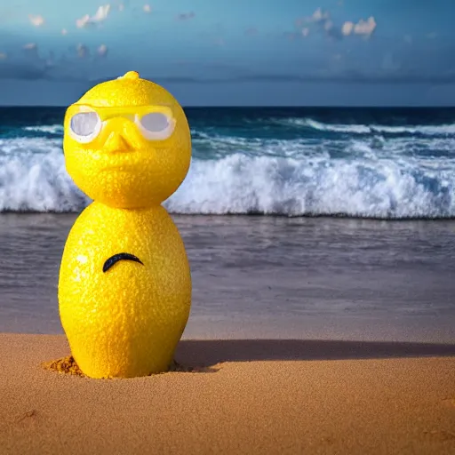 Image similar to 5 0 mm photograph, of a real anthropomorphic lemon character, with lemon skin texture, it is wearing a hat and scuba diving, building a sandcastle on the beach at sunset, beach, huge waves, sun, clouds, tropical trees, rim light, cinematic photography, professional, sand, sandcastle, volumetric lightening