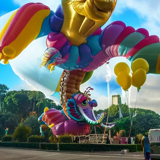 Prompt: elaborate, giant, massive, detailed, shiny, 3 d, pastel, blowup balloon dragon with eyes and mouth, twisting geometry, floating in a painted sky, cinematic, 4 k by'eva cremers'and'lesley barnes'and'jordan coelho'
