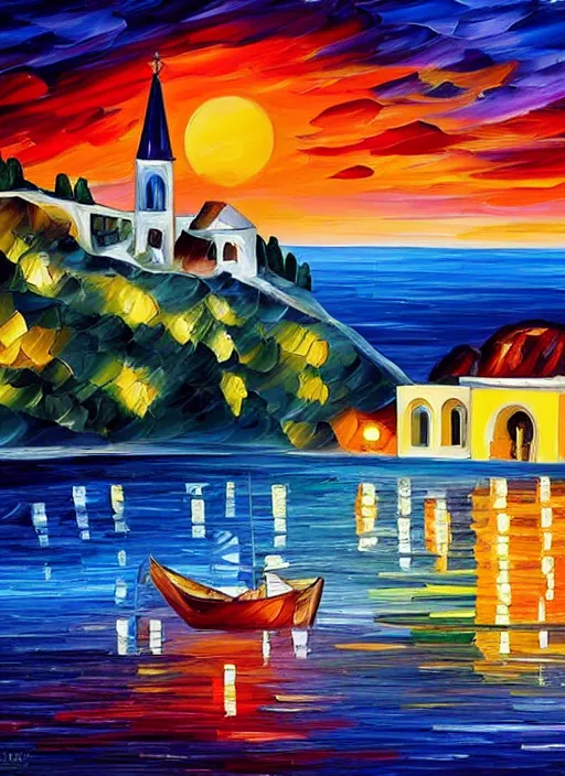 Image similar to beautiful seaside greek village and chapel at sunset in the style of leonid afremov