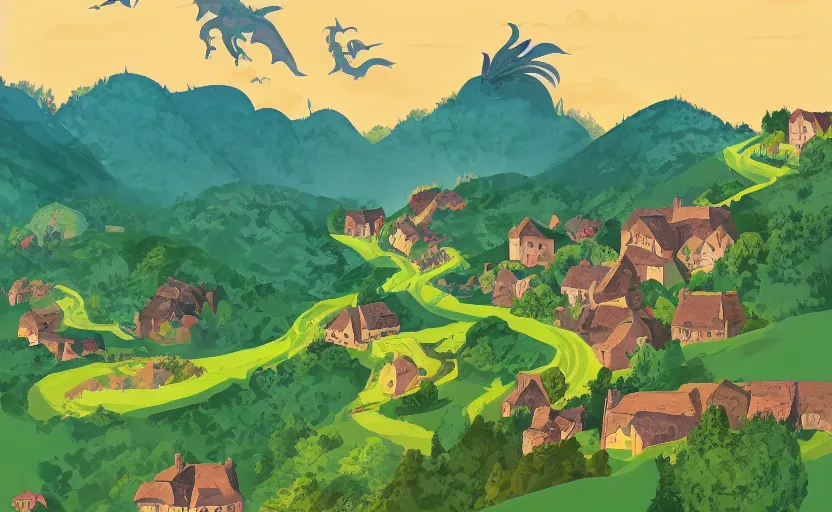 Image similar to a small village in a valley, villagers busy farming, a dragon approaching from a distance, storybook, gouache, flat, sharp edges, golden ratio, concept art, print