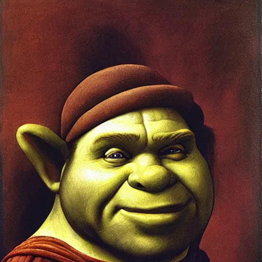 Image similar to An airbrush caricature of Shrek, painting by Leonardo Da Vinci , oil painting