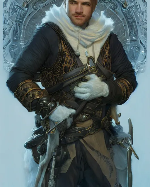 Image similar to white male rogue bard portrait | highly detailed | very intricate | symmetrical | cinematic lighting | award - winning | closeup portrait | painted by donato giancola and mandy jurgens and charlie bowater | featured on artstation