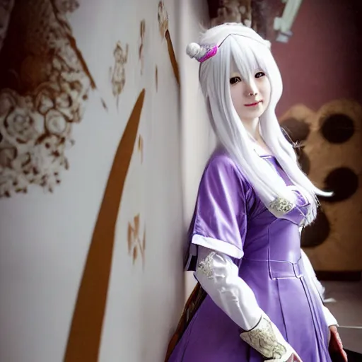 Prompt: full body shot of a japanese princess young lady, beauty, with a long white, white hair, ayaka cosplay, artwork by Akihiko Yoshida