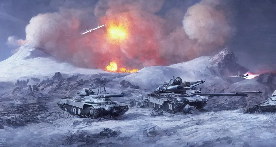 Image similar to snowy mountain, second world war fighting against ufo, aliens, tanks, jet fighters, missiles, with anti aircraft guns, with fire and smoke in the background by eugene von guerard, ivan shishkin, dramatic lighting, concept art, trending on artstation, 8 k