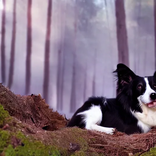 Image similar to a border collie protecting a fledgling in a nest in a forest, beautiful, golden hour, impressionist