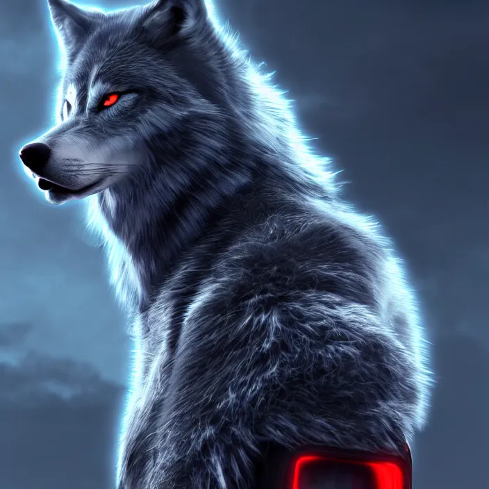 Prompt: portrait of male anthropomorphic dark gray anime wolf, long red hair, blue eyes, in a futuristic city, hyper detailed, digital art, trending on artstation, cinematic lighting, studio quality, smooth render, unreal engine 5 rendered, octane rendered, 1 : 1 aspect ratio