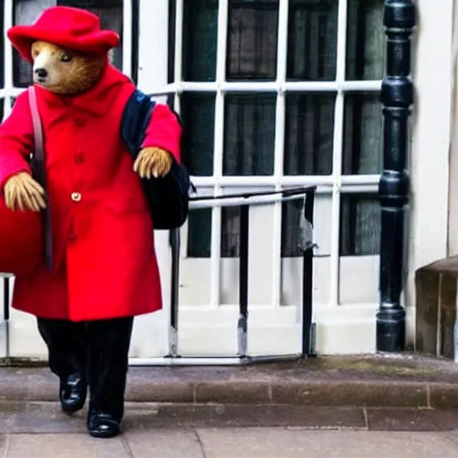 Image similar to paddington bear being deported by Priti Patel