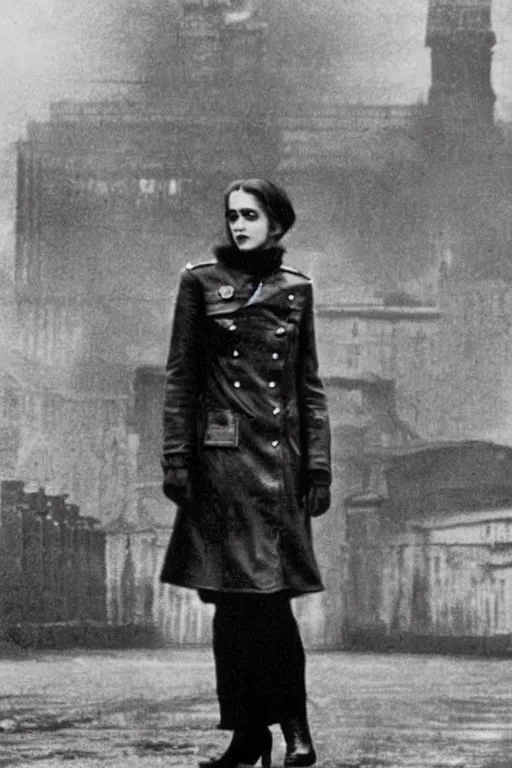 Image similar to photograph of soviet commissar, comrade emma watson, standing in a long leather coat, vintage revolution photograph, famous photo from kgb archives