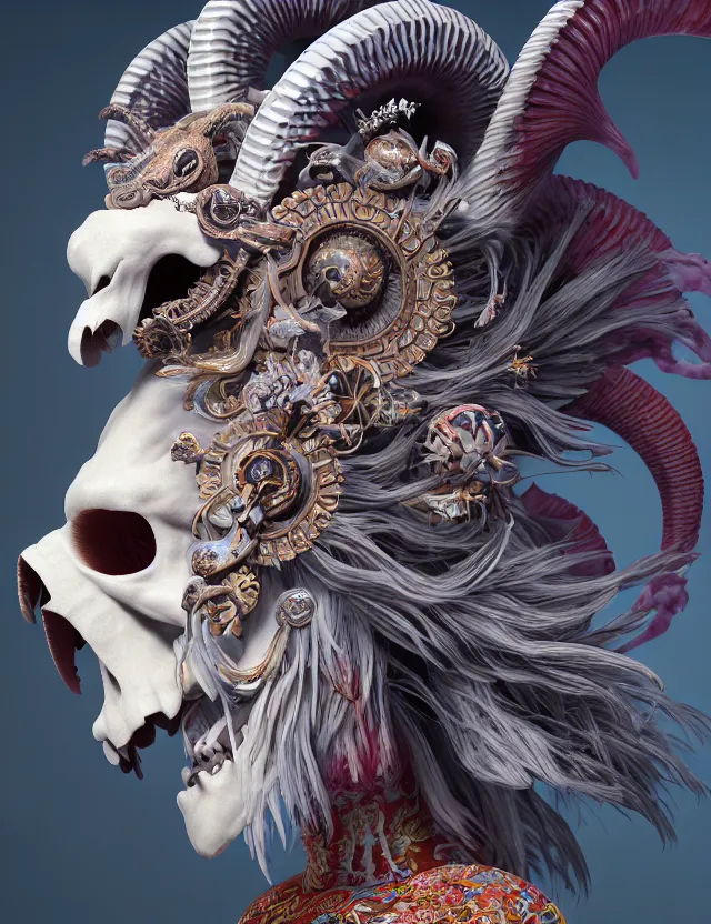 Prompt: 3 d goddess close - up profile portrait of satanic with ram skull. beautiful intricately detailed japanese crow kitsune mask and clasical japanese kimono. betta fish, jellyfish phoenix, bio luminescent, plasma, ice, water, wind, creature, artwork by tooth wu and wlop and beeple and greg rutkowski