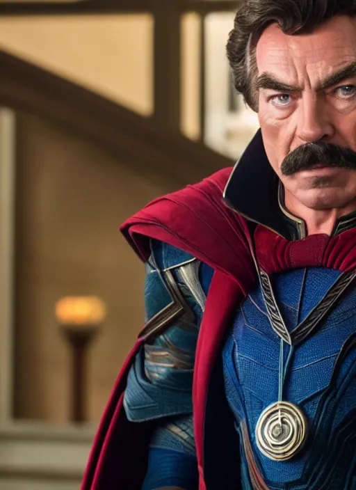 Prompt: film still of tom selleck as doctor strange in avengers endgame, 4 k