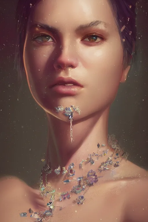 Image similar to A fancy portrait of a women wearing crystal jewelry by Greg Rutkowski, beeple, Sung Choi, Mitchell Mohrhauser, Maciej Kuciara, Johnson Ting, Maxim Verehin, Peter Konig, final fantasy, macro lens, 35mm, 8k photorealistic, cinematic lighting, HD, high details, dramatic, dark atmosphere, trending on artstation