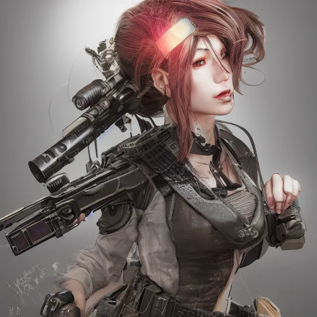 Image similar to the portrait of lawful neutral female cyberpunk marine sniper as absurdly beautiful, gorgeous, elegant, young gravure idol, an ultrafine hyperdetailed illustration by kim jung gi, irakli nadar, intricate linework, bright colors, octopath traveler, final fantasy, unreal engine 5 highly rendered, global illumination, radiant light, detailed and intricate environment