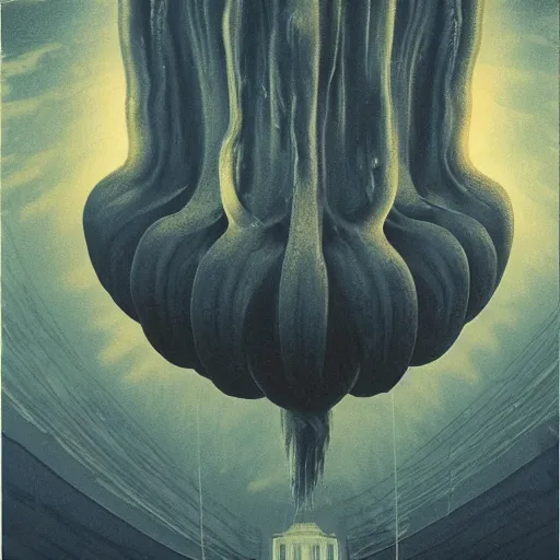 Prompt: retro dark vintage sci - fi 2 d matte illustration, huge jellyfish hanging above city under night sky, art by szukalski, beksinski, 4 k symmetrical portrait