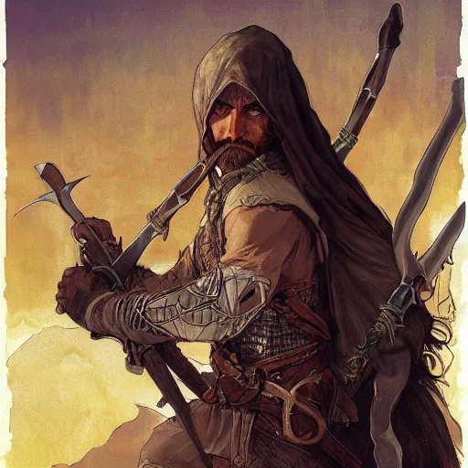 Image similar to Kethlan the elven desert bandit. Epic portrait by james gurney and Alfonso mucha (lotr, witcher 3, dnd).