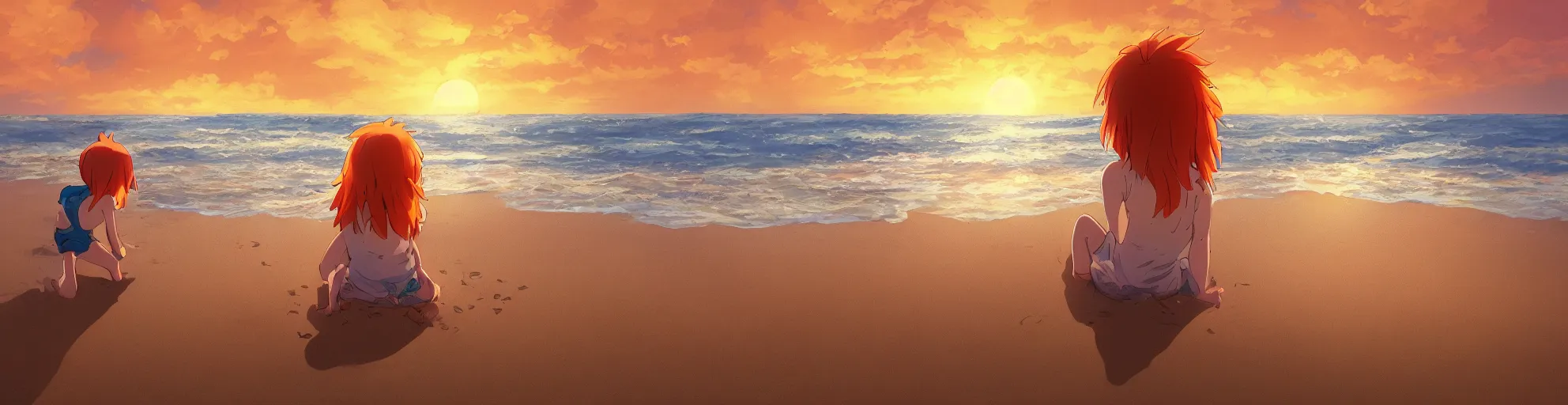 Prompt: beautiful, detailed digital painting of a orange-haired child making sandcastles on the beach and looking at the sunset, anime by Makoto Shinkai, sand, waves, trending on artstation