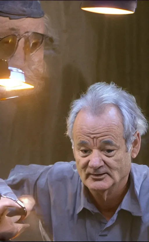 Image similar to bill murray talking stupidly, cinematic composition and lighting