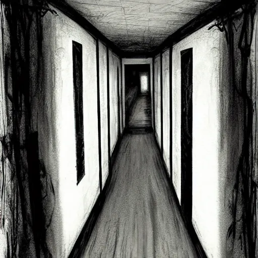 Image similar to rotten nurse | dark hallway | inspired by silent hill | concept art