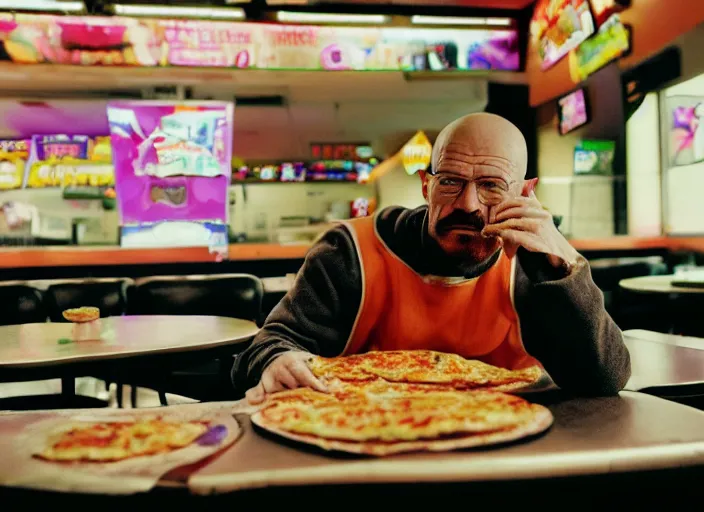 Image similar to portrait of walter white eating pizza at chuck - e - cheese with sloppy cheesy sauce getting slopped up all over the place, dramatic lighting, moody film still from breaking bad ( 2 0 1 1 ), 3 5 mm kodak color stock, 2 4 mm lens, directed by rian johnson, ecktochrome