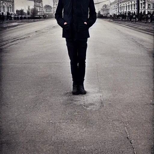 Prompt: thom yorke standing in moscow street, full body, more details, red sky, super realistic,