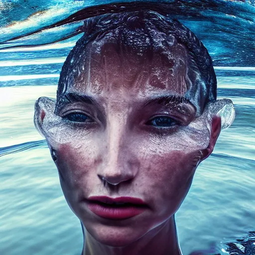 Image similar to water artwork manipulation in the shape of a human head, on the ocean water, ray tracing, realistic water sharp focus, long shot, 8 k resolution, cinematic, surreal water art