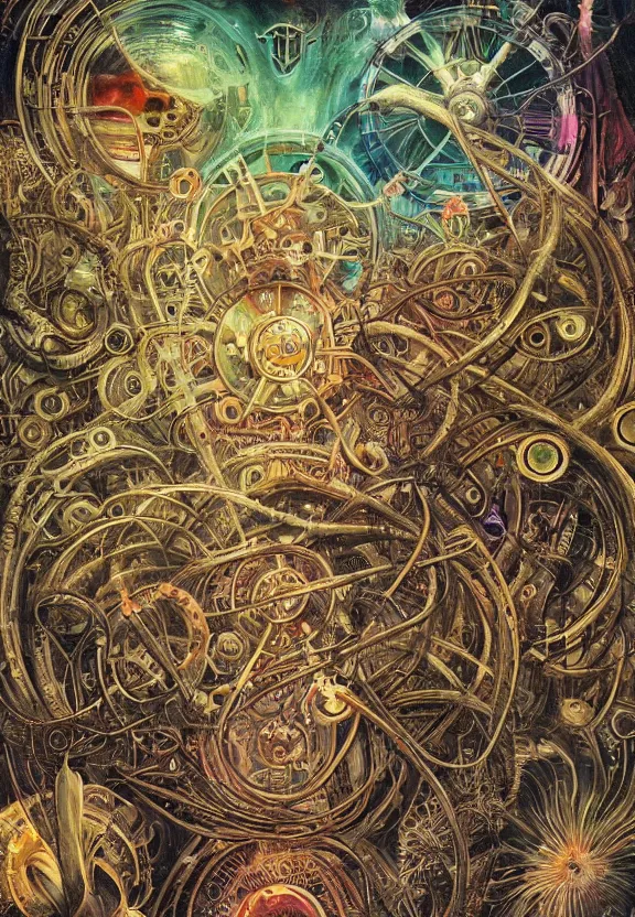 Image similar to simplicity, elegant, muscular eldritch clockwork, machinery, industry, radiating, colorful mandala, psychedelic, overgrown garden environment, by ryan stegman and hr giger and esao andrews and maria sibylla merian eugene delacroix, gustave dore, thomas moran, pop art, street art, graffiti, saturated