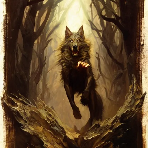 Image similar to stunning male wizard wolf casting his dark spell, highly detailed painting by gaston bussiere, craig mullins, j. c. leyendecker, 8 k