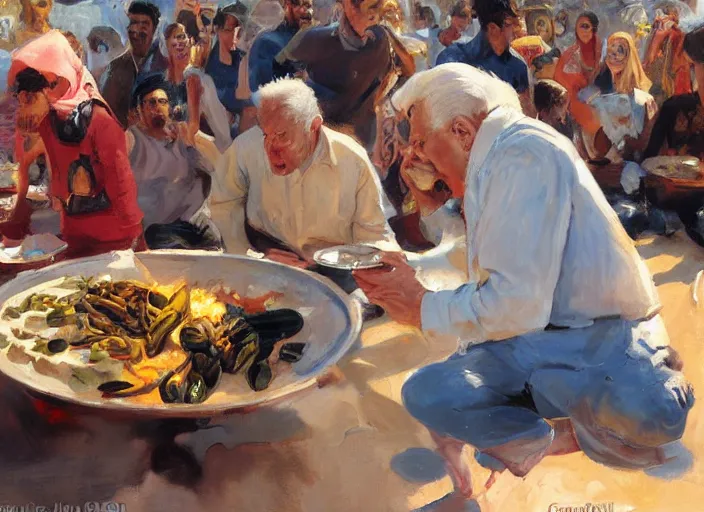 Image similar to a highly detailed beautiful portrait of a bibi nethanyahu protesting against eating animals while people doing bbq, by gregory manchess, james gurney, james jean