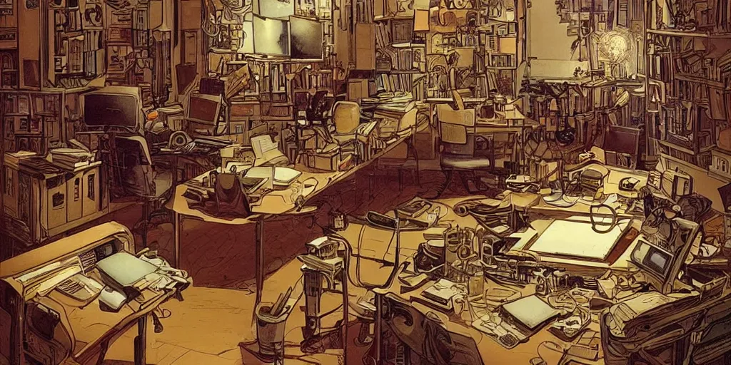 Image similar to writer's room, many screens, incredibly creative atmosphere, cameras, cinema, cinematic illustration by moebius, masterpiece