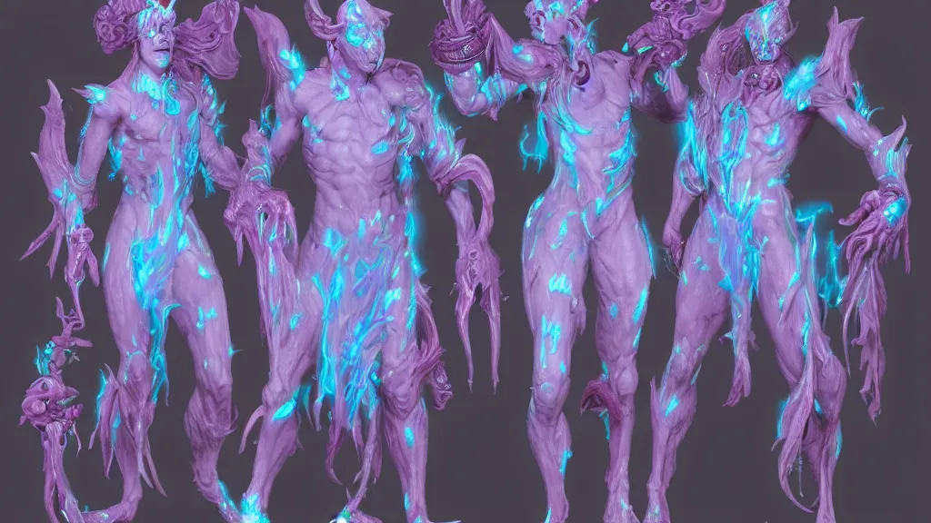 Image similar to a fantasy Bright iridescent ghost demon with four arms character design sheet, trending on artstation