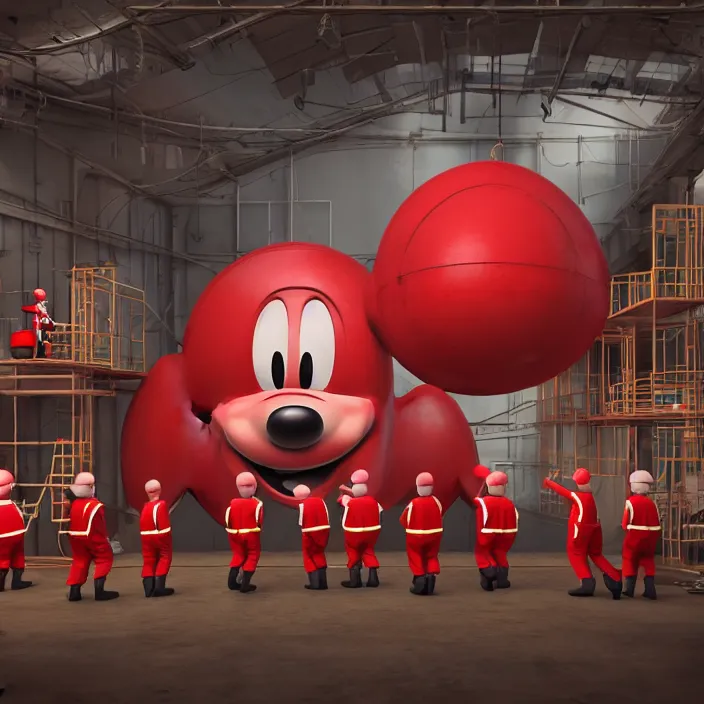 Prompt: crew of workers in red overalls building giant mickey mouse head in small workshop, octane render, 4 k ultra hd, hyper - detailed, realistic, low lighting, sharp focus, in style of beeple